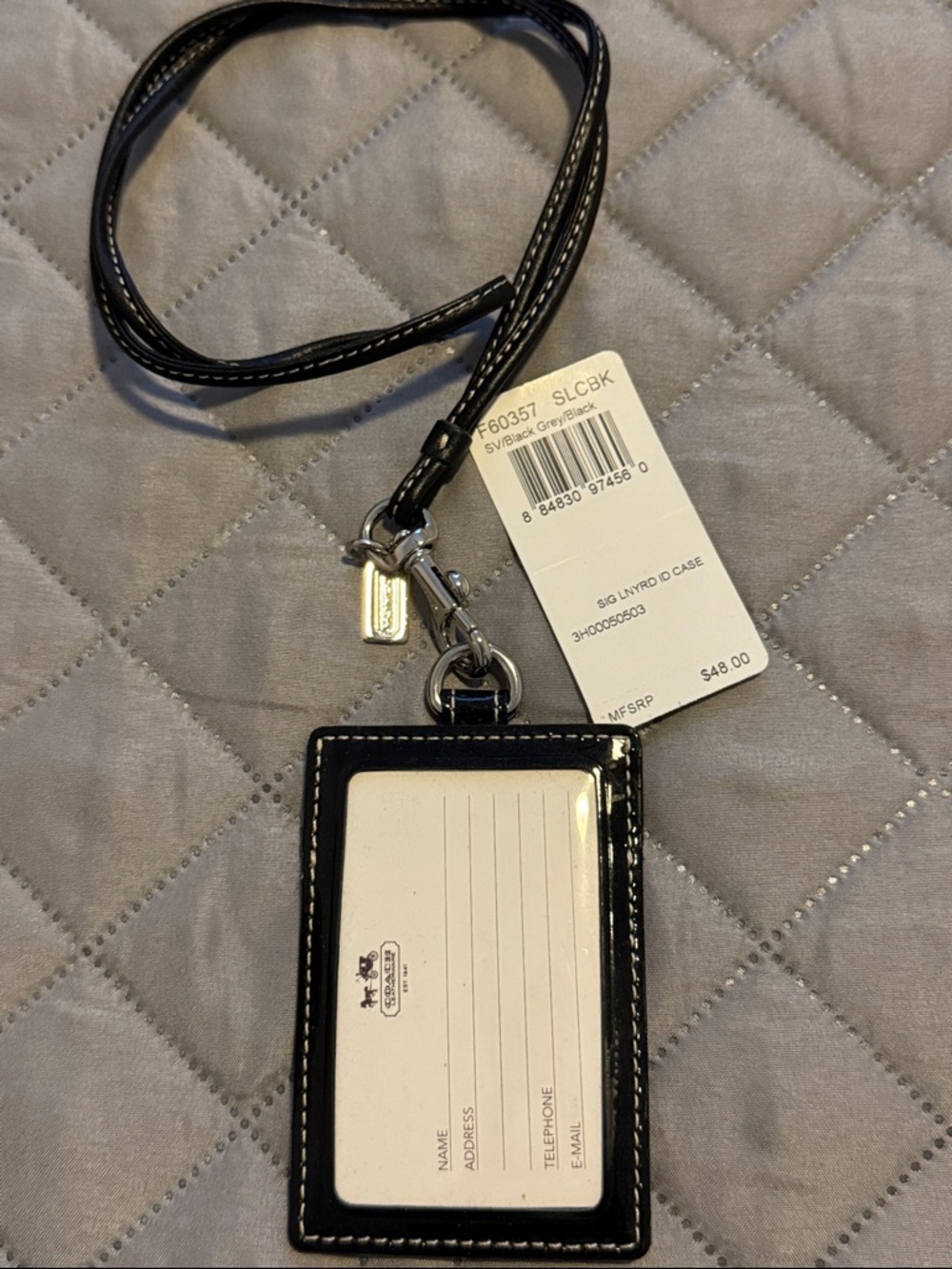 Coach Black Patent Leather Lanyard ID Holder with Cream Insert Card